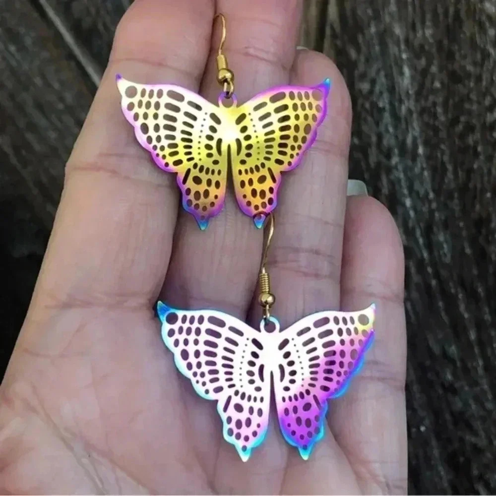 Big Butterfly With Dots Oilslick Gold Handmade Filigree Earrings
